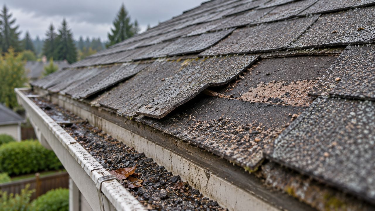 Old asphalt shingles with curling corners and granules collecting in the gutter