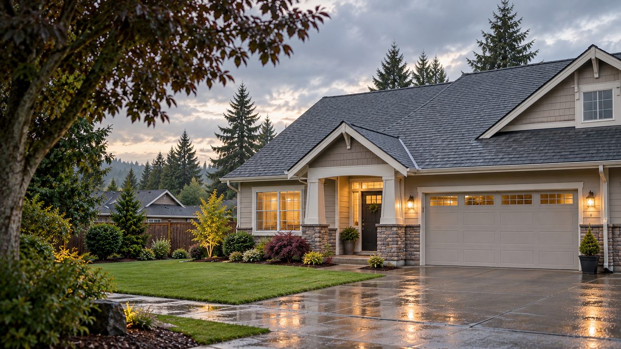 Casa estilo Craftsman en Woodburn al atardecer después de la lluvia, con las luces del porche prendidas bajo un techo de tejas oscuras